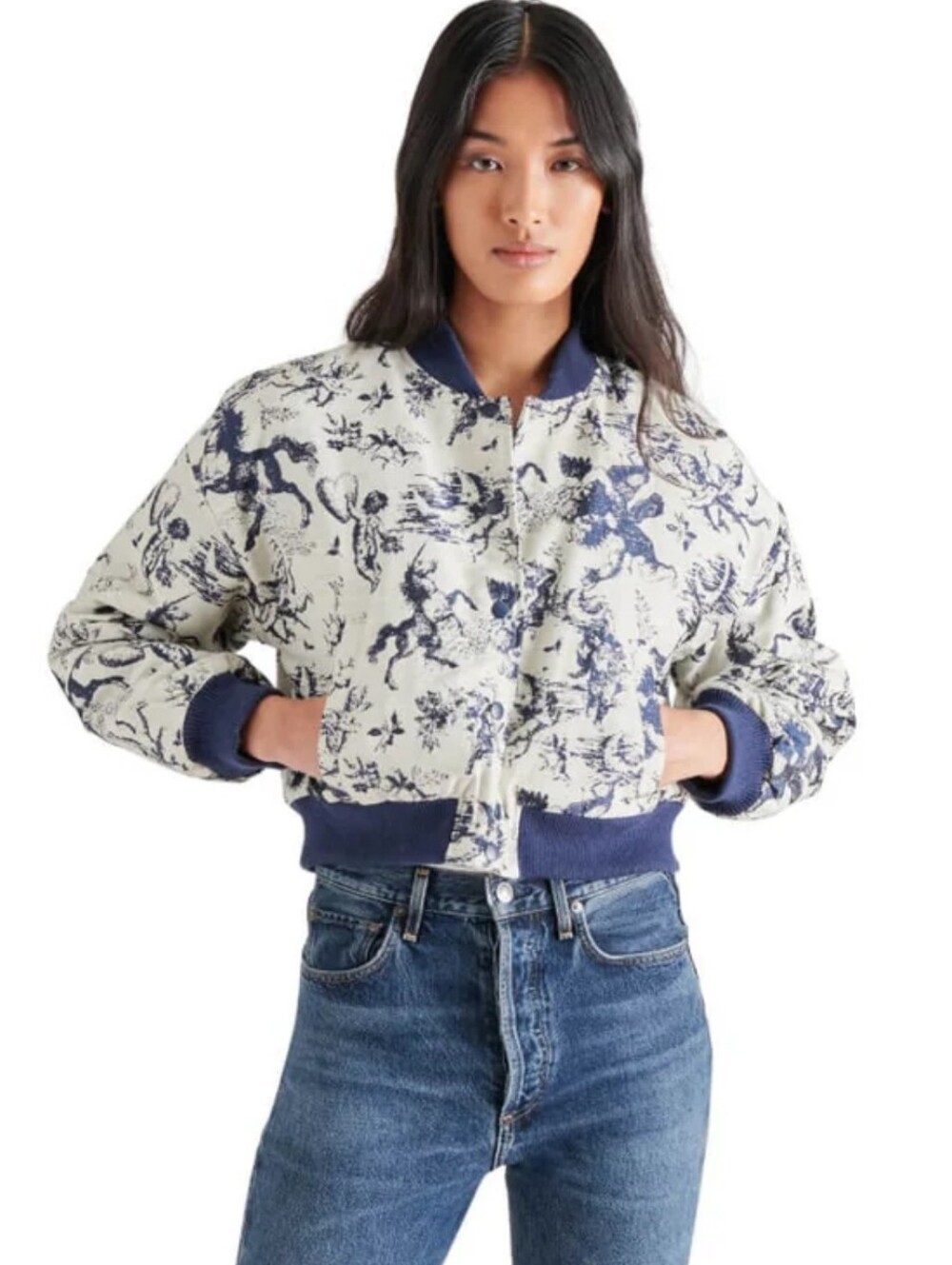 Blue & Cream Printed Bomber Jacket - Women's